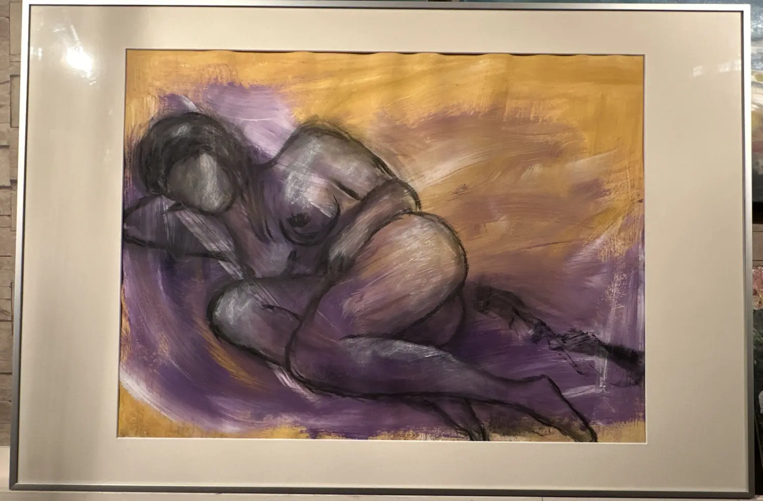 Akt lila Papier Acryl Kohle Glas-Alurahmen + Passp. von Ines Burkhardt