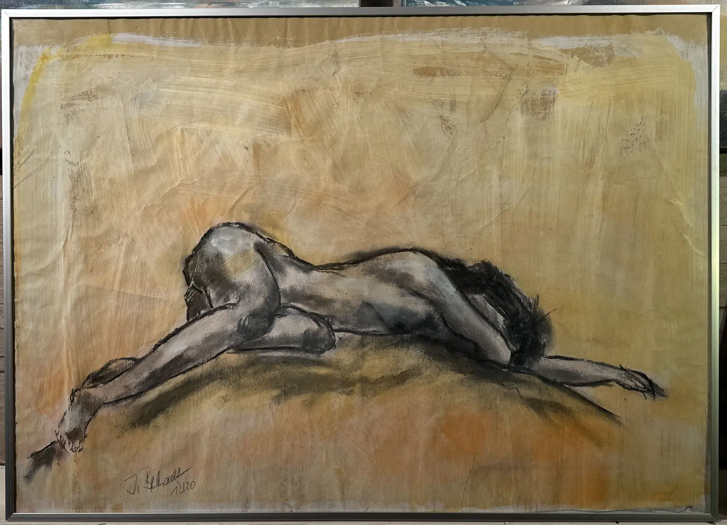 Akt Packpapier Kohle Acryl Glas-Alurahmen von Ines Burkhardt
