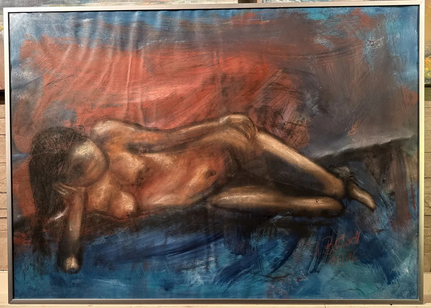 Akt blau Acryl Kohle Papier Glas-Alurahmen