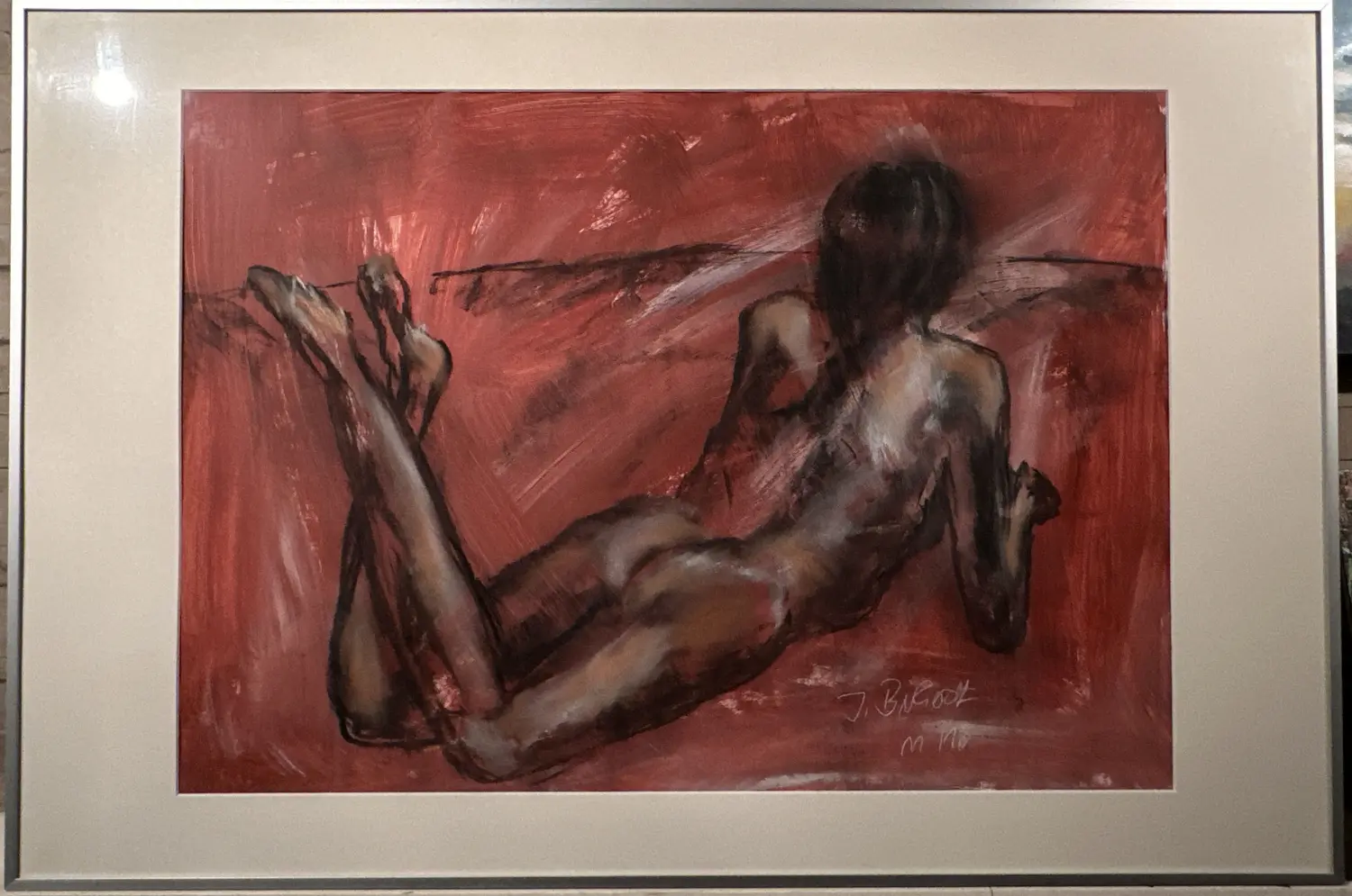 Akt rot Papier Acryl Kohle Glas-Alurahmen von Ines Burkhardt