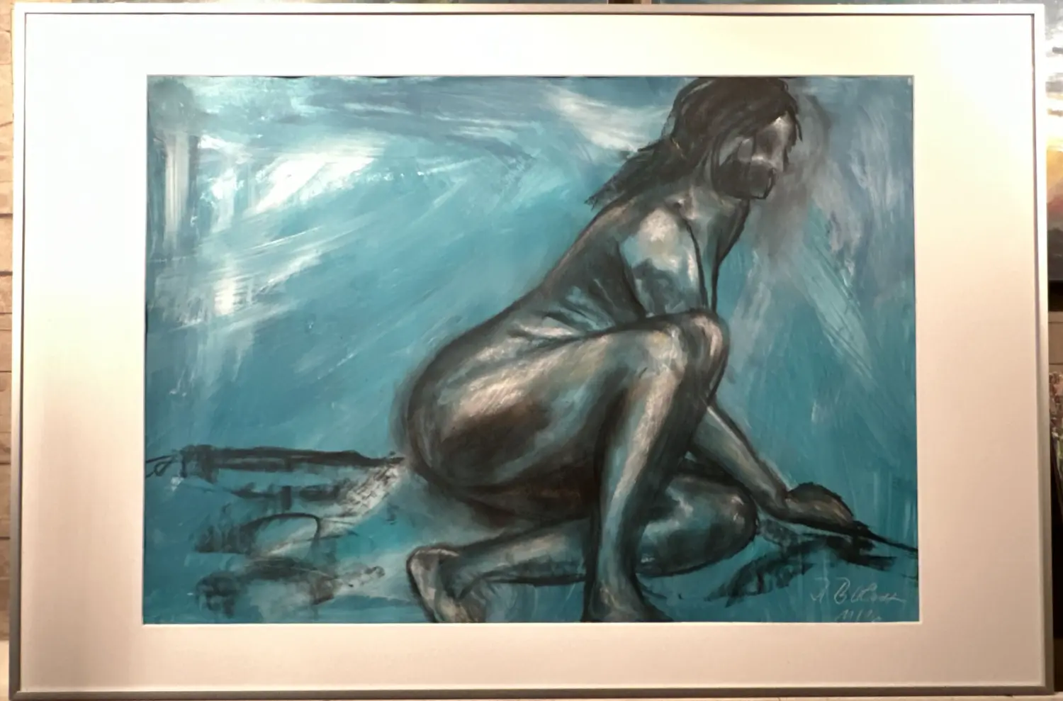 Akt sitzend Acryl Kohle Papier Glas-Alurahmen von Ines Burkhardt
